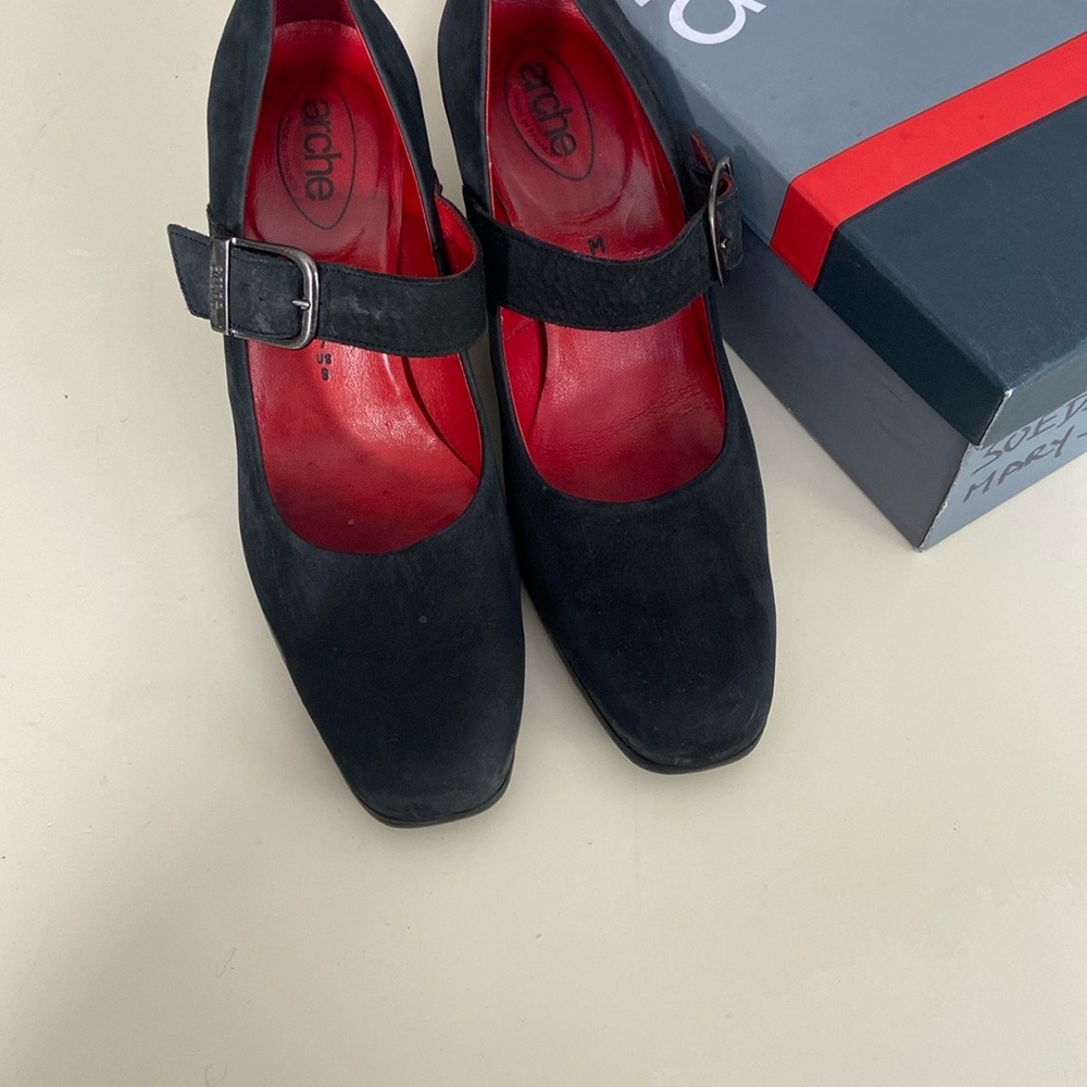 Arche Black and Red Heels with Square Toe and Strap
